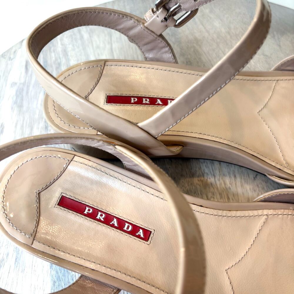 Vintage Authentic Prada Calzature Donna Nude Patent Leather Sandals US Size 9 - Picture 8 of 13